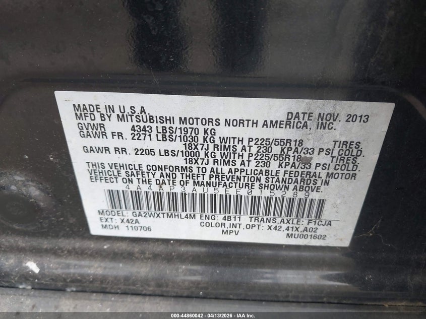 2014 Mitsubishi Outlander Sport Es VIN: 4A4AP3AU5EE015289 Lot: 44860042