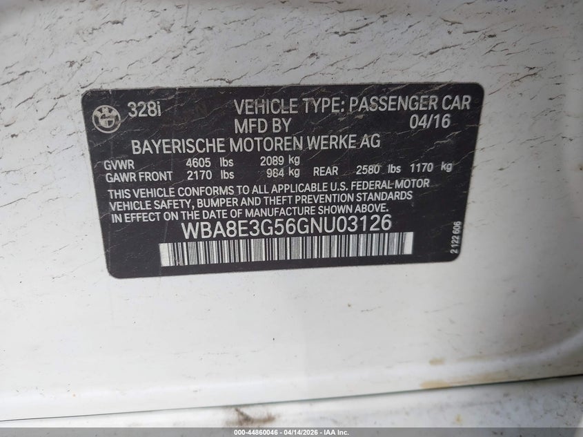 2016 BMW 328I xDrive VIN: WBA8E3G56GNU03126 Lot: 44860046