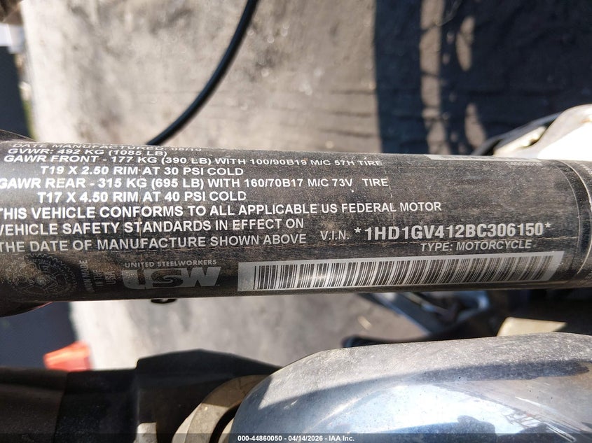 2011 Harley-Davidson Fxdc VIN: 1HD1GV412BC306150 Lot: 44860050