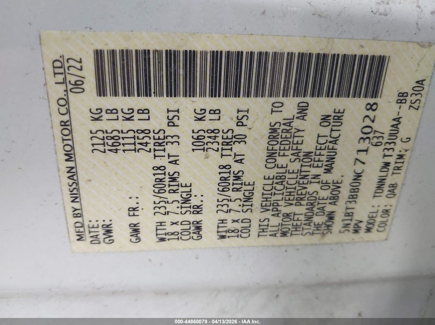 2022 Nissan Rogue Sv Intelligent Awd VIN: 5N1BT3BB0NC713028 Lot: 44860079