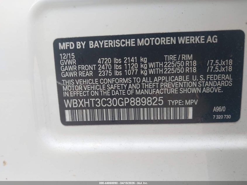 2016 BMW X1 xDrive28I VIN: WBXHT3C30GP889825 Lot: 44860090