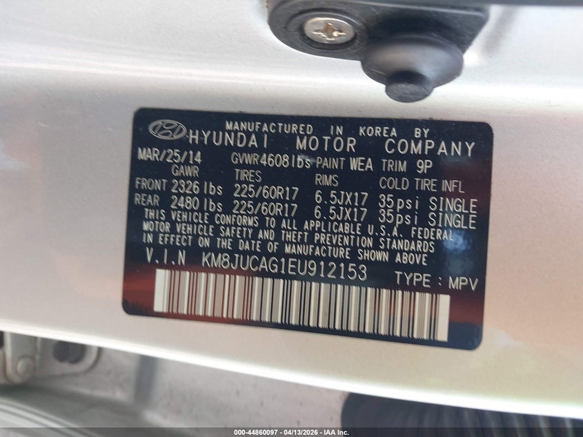 2014 Hyundai Tucson Se VIN: KM8JUCAG1EU912153 Lot: 44860097