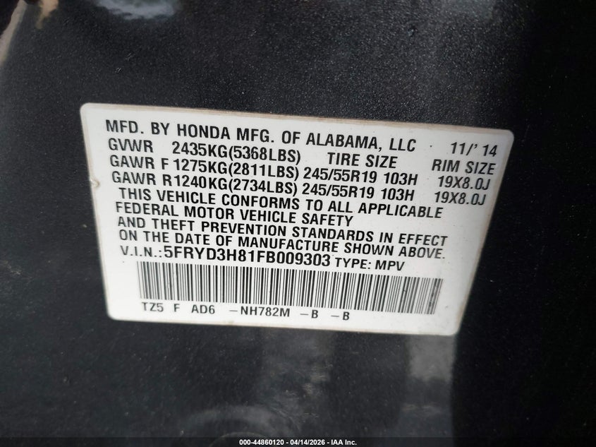 2015 Acura Mdx Advance Pkg W/Entertainment Pkg VIN: 5FRYD3H81FB009303 Lot: 44860120