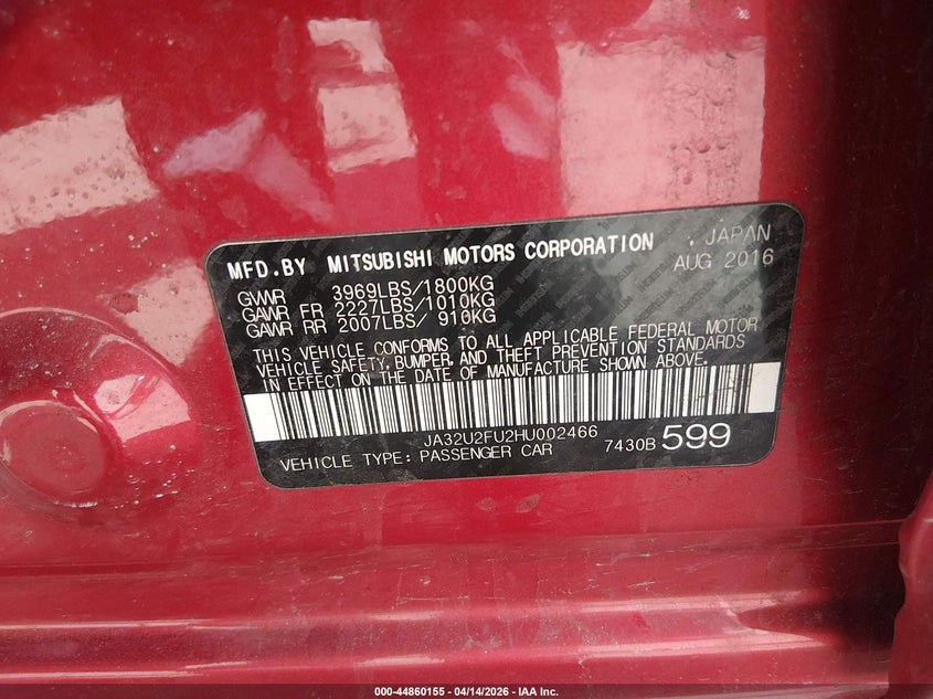 2017 MITSUBISHI LANCER SEDAN 2.0L I-4 DOHC, VVT, 148HP