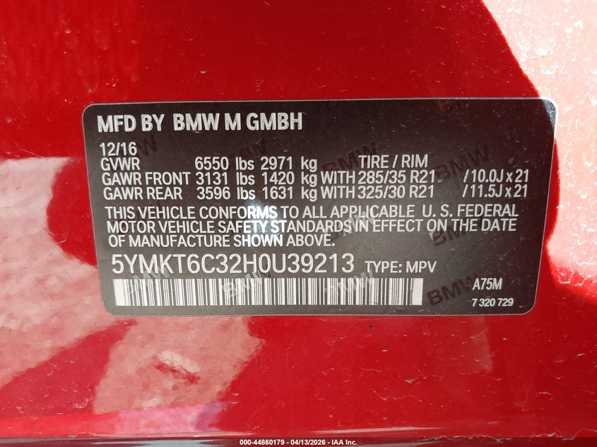 2017 BMW X5 M VIN: 5YMKT6C32H0U39213 Lot: 44860179