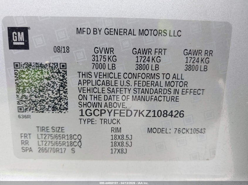 2019 Chevrolet Silverado 5.3 1500 Lt Trail Boss silver Lot 111044860181 Vin 1GCPYFED7KZ108426