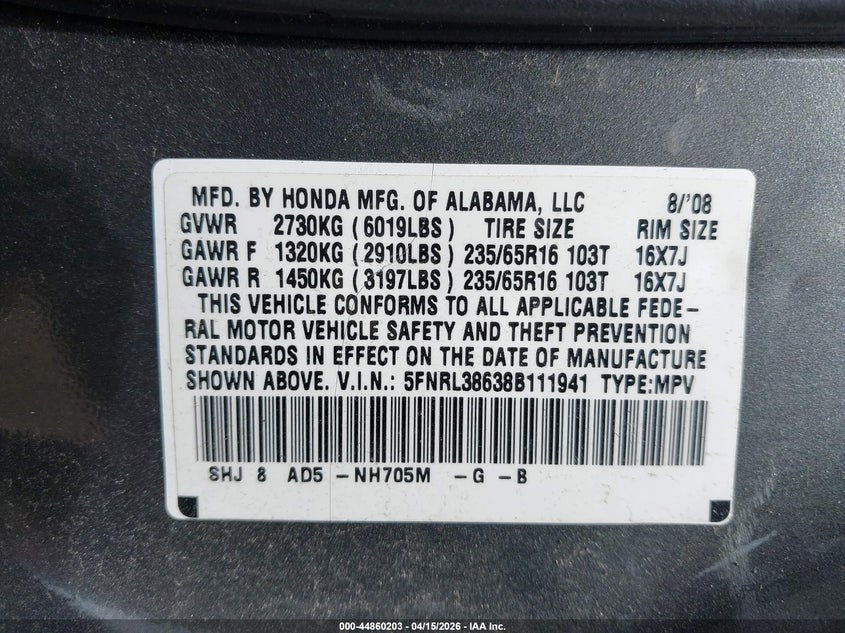 2008 Honda Odyssey Ex-L VIN: 5FNRL38638B111941 Lot: 44860203