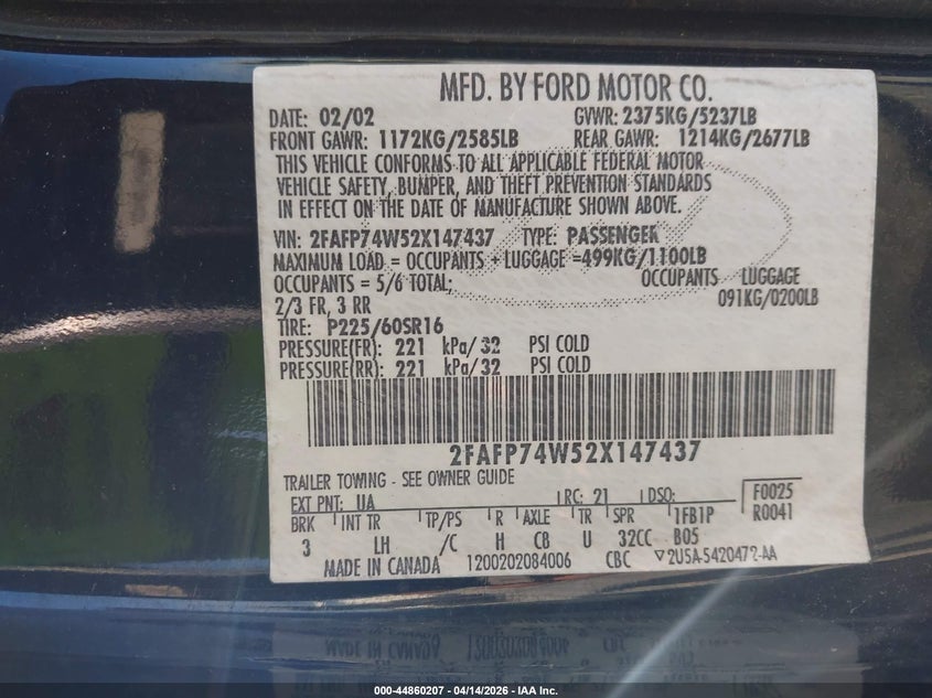 2002 Ford Crown Victoria Lx VIN: 2FAFP74W52X147437 Lot: 44860207