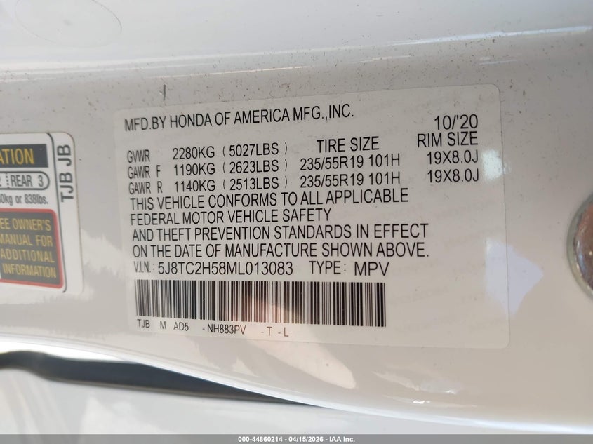 2021 Acura Rdx Technology Package VIN: 5J8TC2H58ML013083 Lot: 44860214