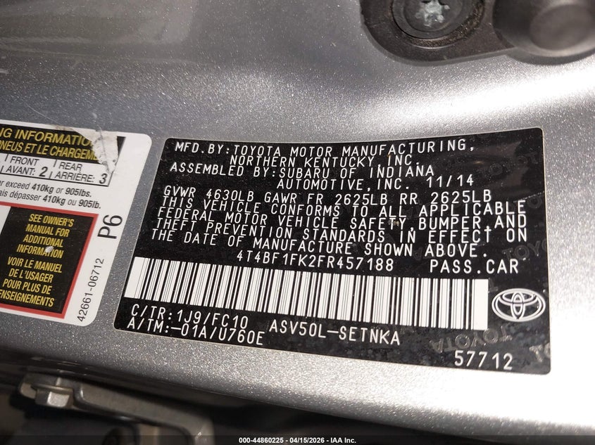 2015 Toyota Camry Le VIN: 4T4BF1FK2FR457188 Lot: 44860225