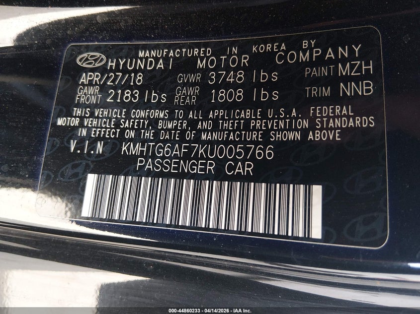 2019 Hyundai Veloster 2.0 Premium VIN: KMHTG6AF7KU005766 Lot: 44860233