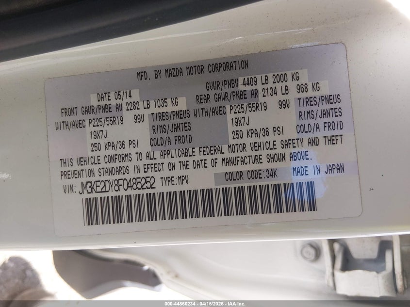 2015 Mazda Cx-5 Grand Touring VIN: JM3KE2DY8F0485252 Lot: 44860234