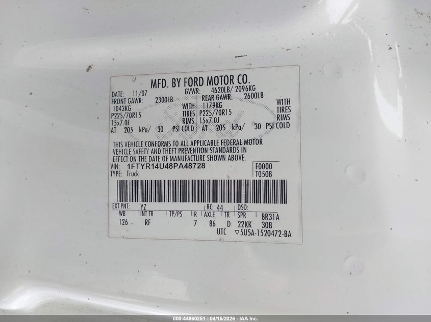 2008 Ford Ranger Sport/Xl/Xlt VIN: 1FTYR14U48PA48728 Lot: 44860251