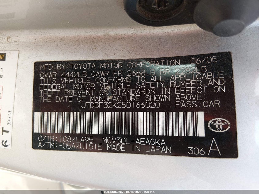 2005 Toyota Camry Xle V6 VIN: JTDBF32K250166020 Lot: 44860282