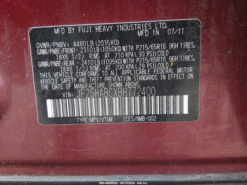 2011 Subaru Forester 2.5X VIN: JF2SHABCXBH772400 Lot: 44860292