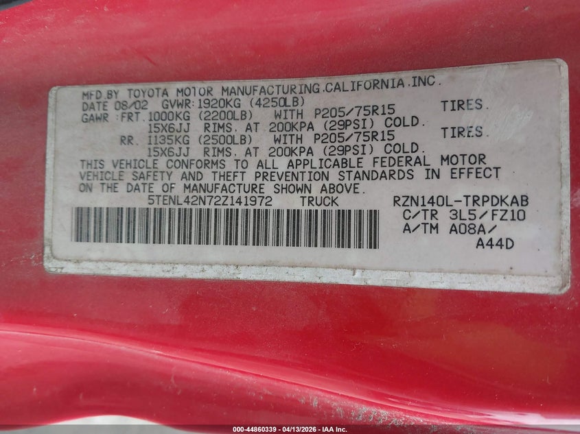 2002 Toyota Tacoma VIN: 5TENL42N72Z141972 Lot: 44860339
