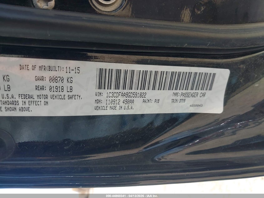 2016 Dodge Dart Se VIN: 1C3CDFAA9GD591822 Lot: 44860341