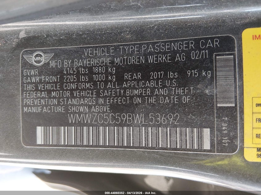2011 Mini Cooper S Countryman VIN: WMWZC5C59BWL53692 Lot: 44860352