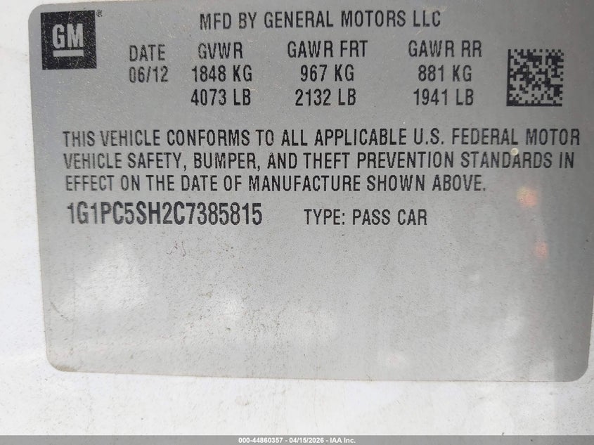 2012 Chevrolet Cruze Ls VIN: 1G1PC5SH2C7385815 Lot: 44860357