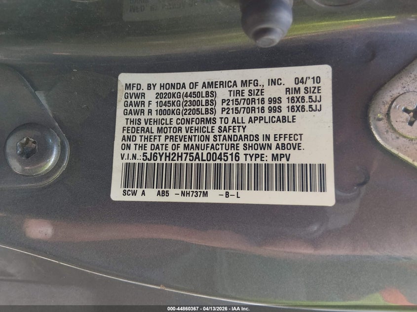 2010 Honda Element Ex VIN: 5J6YH2H75AL004516 Lot: 44860367