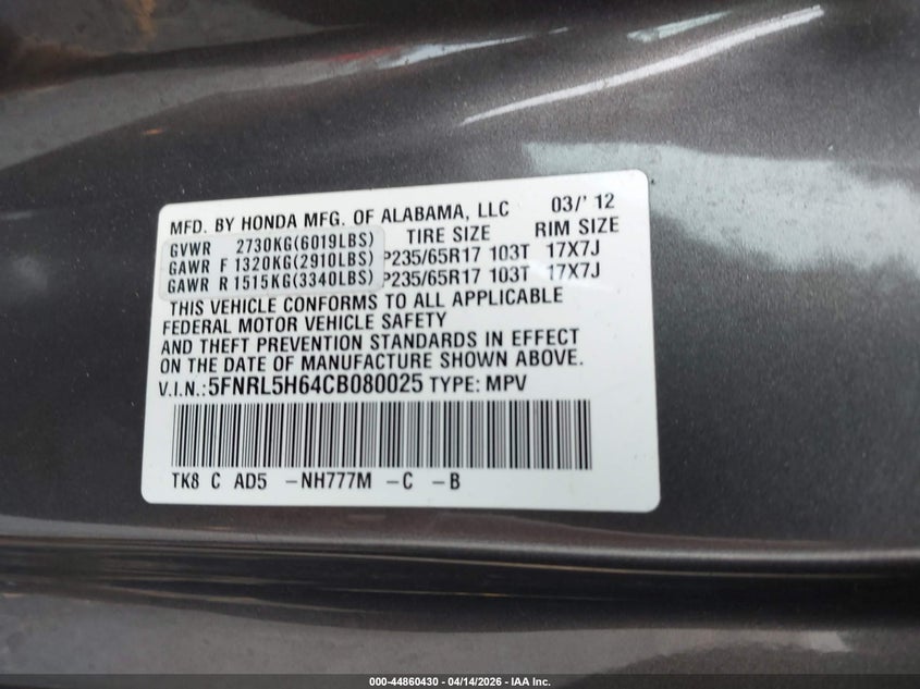 2012 Honda Odyssey Ex-L VIN: 5FNRL5H64CB080025 Lot: 44860430