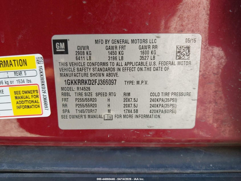 2015 GMC Acadia Slt-1 VIN: 1GKKRRKD2FJ366097 Lot: 44860446