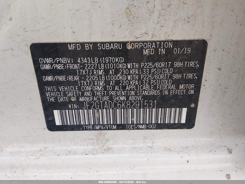 2019 Subaru Crosstrek 2.0I Premium VIN: JF2GTADC6K8291531 Lot: 44860455