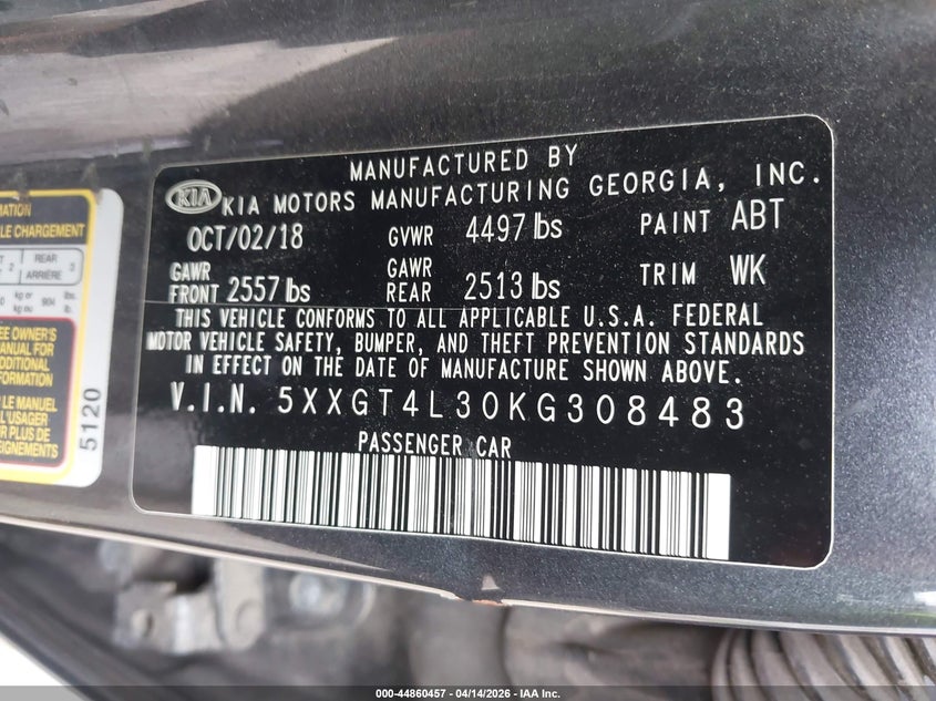 2019 Kia Optima Lx VIN: 5XXGT4L30KG308483 Lot: 44860457