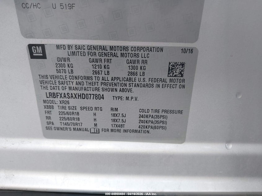 2017 Buick Envision 2.5 Preferred silver Lot 111044860484 Vin LRBFXASAXHD077804