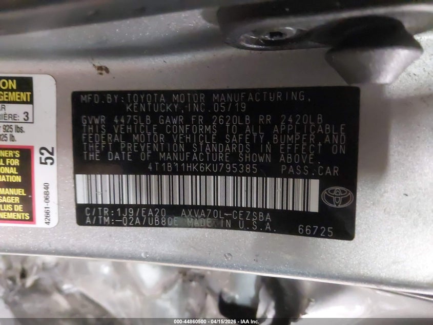 2019 Toyota Camry Se VIN: 4T1B11HK6KU795385 Lot: 44860500