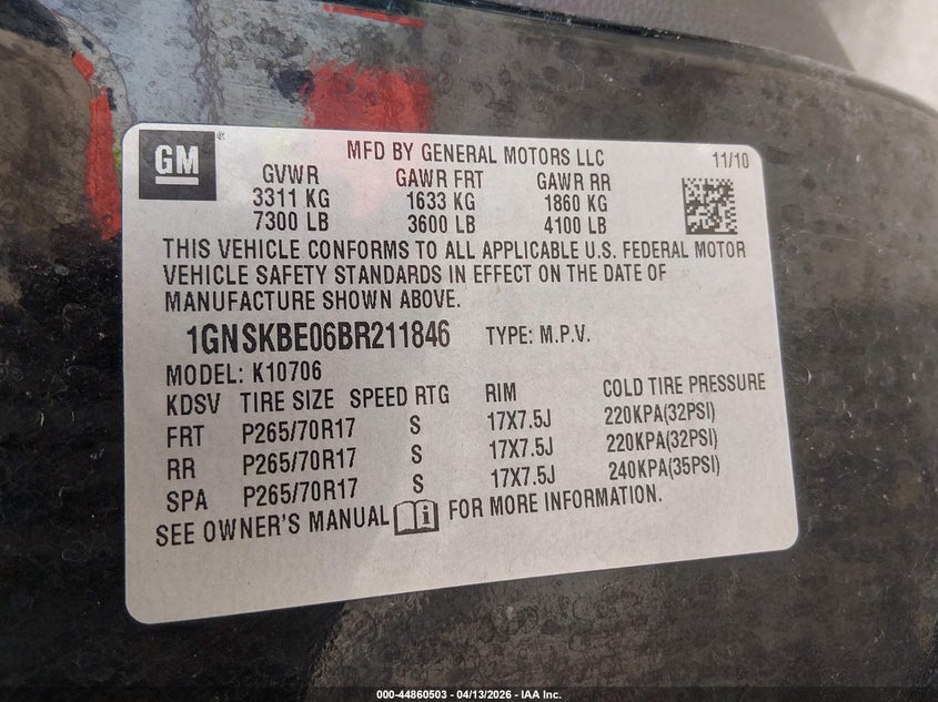 2011 Chevrolet Tahoe Lt VIN: 1GNSKBE06BR211846 Lot: 44860503