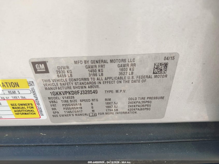 2015 GMC Acadia Sle-2 VIN: 1GKKVPKD8FJ328549 Lot: 44860509