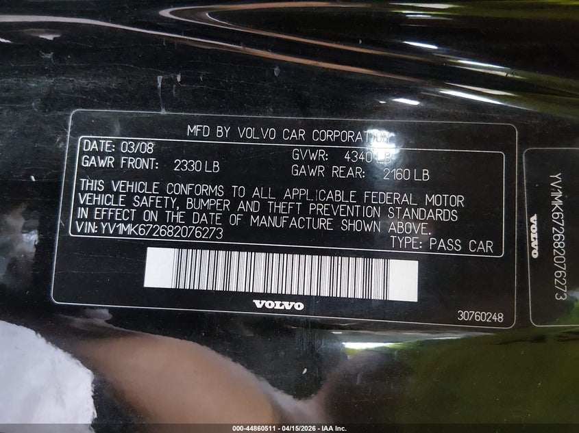 2008 Volvo C30 T5 R-Design/T5 Version 1.0/T5 Version 2.0 VIN: YV1MK672682076273 Lot: 44860511