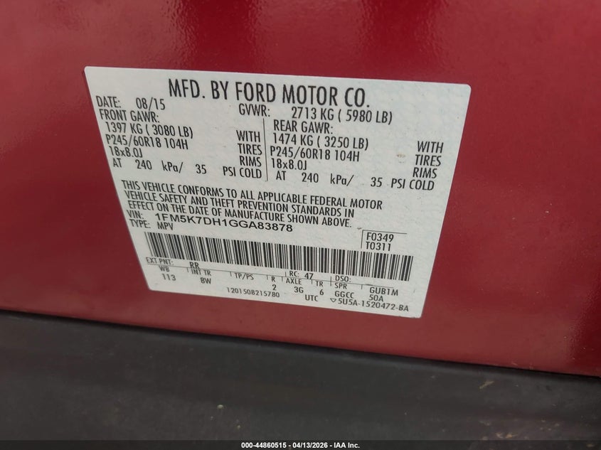 2016 Ford Explorer 2.3 Xlt red Lot 111044860515 Vin 1FM5K7DH1GGA83878