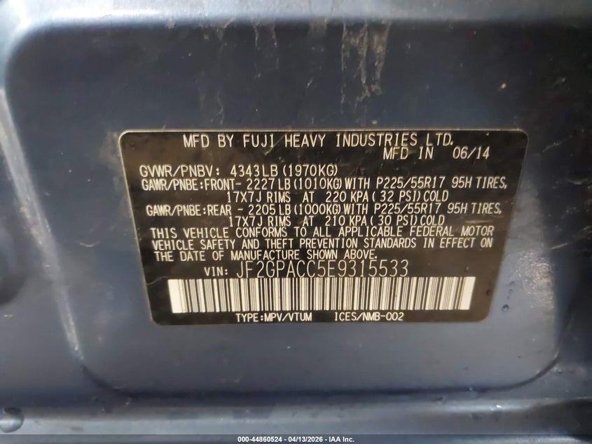 2014 Subaru Xv Crosstrek 2.0I Premium VIN: JF2GPACC5E9315533 Lot: 44860524