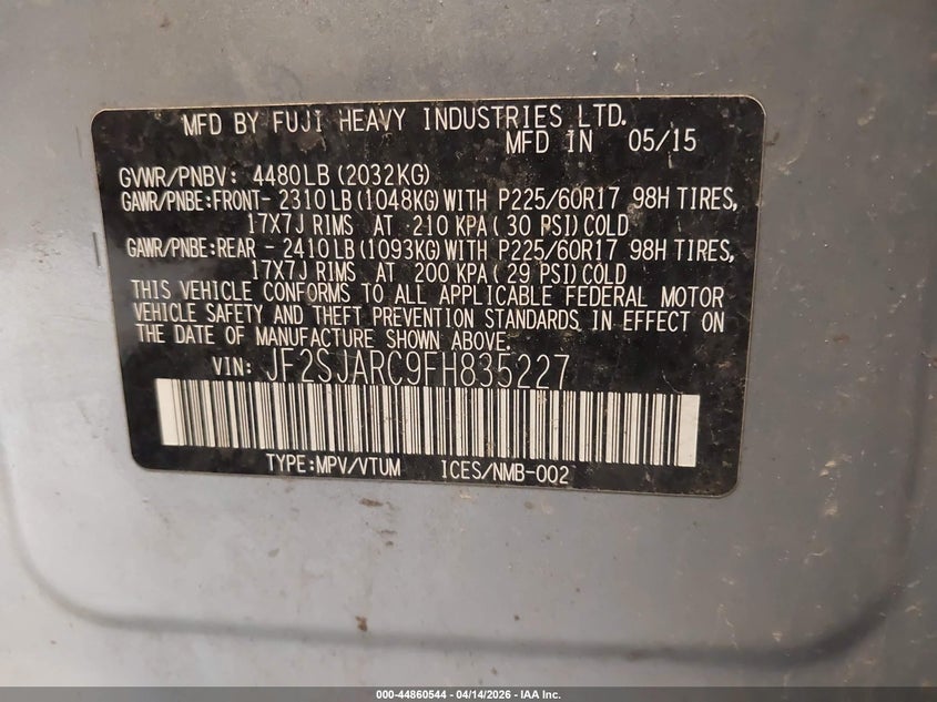 2015 Subaru Forester 2.5I Limited VIN: JF2SJARC9FH835227 Lot: 44860544