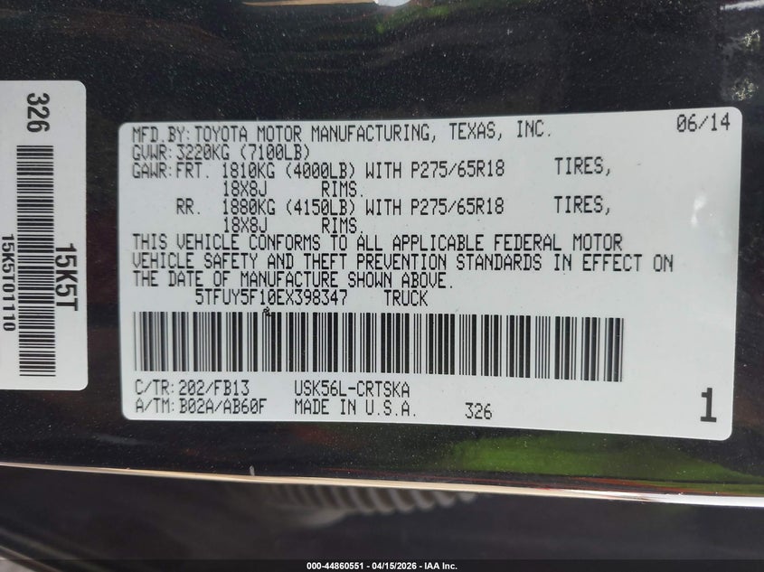 2014 Toyota Tundra Sr5 5.7L V8 VIN: 5TFUY5F10EX398347 Lot: 44860551