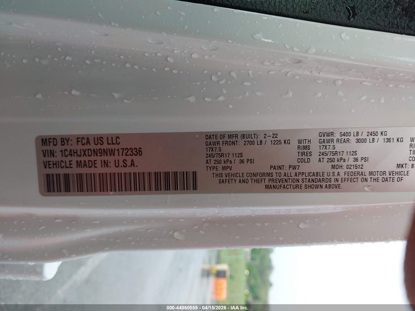 2022 Jeep Wrangler Unlimited Sport S 4X4 VIN: 1C4HJXDN9NW172336 Lot: 44860559