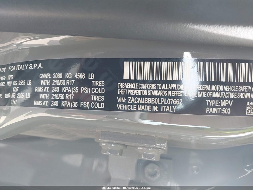 2020 Jeep Renegade Altitude 4X4 VIN: ZACNJBBB0LPL07662 Lot: 44860563