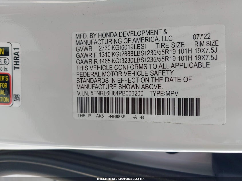 2023 HONDA ODYSSEY 3.5L V-6 DI, VVT, 28(VIN: 5FNRL6H84PB006200