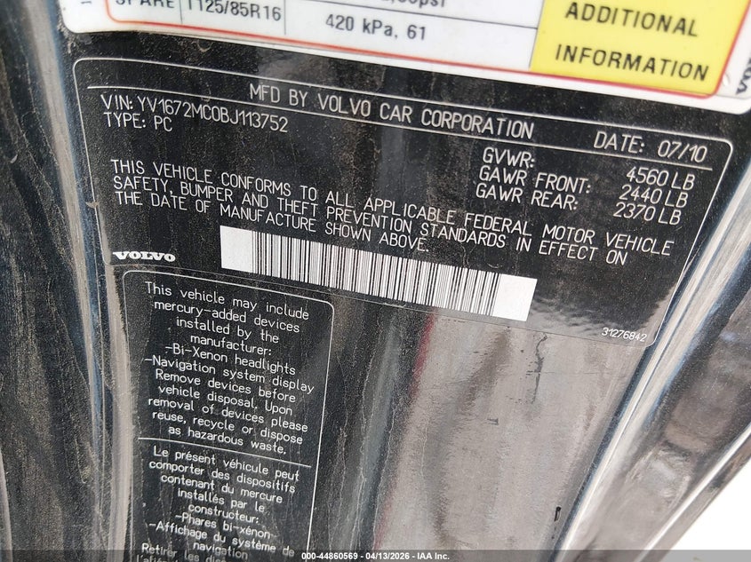 2011 Volvo C70 T5 VIN: YV1672MC0BJ113752 Lot: 44860569
