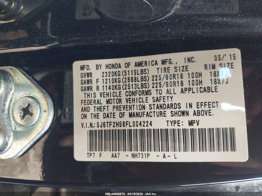 2015 Honda Crosstour Ex-L V6 VIN: 5J6TF2H56FL004224 Lot: 44860576