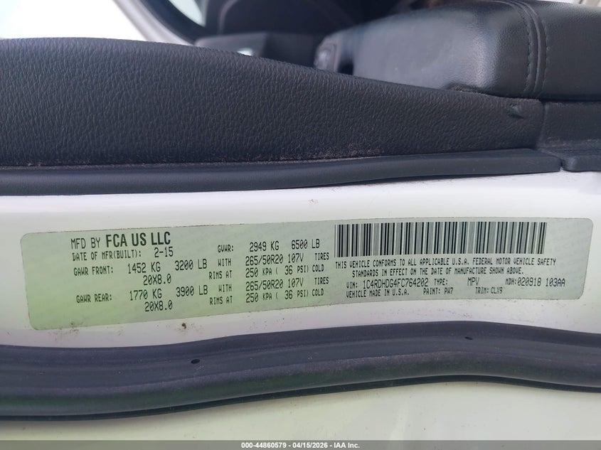 2015 Dodge Durango Limited VIN: 1C4RDHDG4FC764202 Lot: 44860579