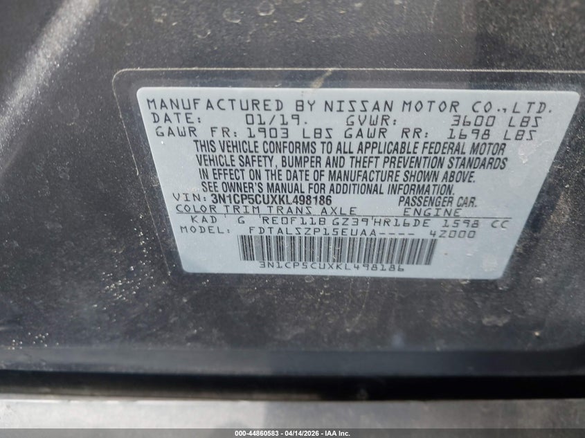 2019 Nissan Kicks Sv VIN: 3N1CP5CUXKL498186 Lot: 44860583