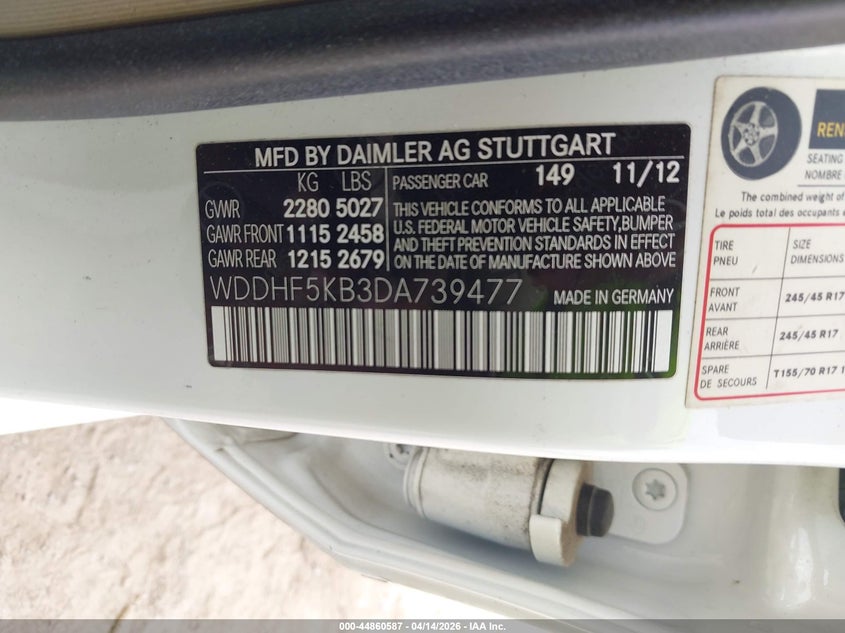 2013 Mercedes-Benz E 350 VIN: WDDHF5KB3DA739477 Lot: 44860587