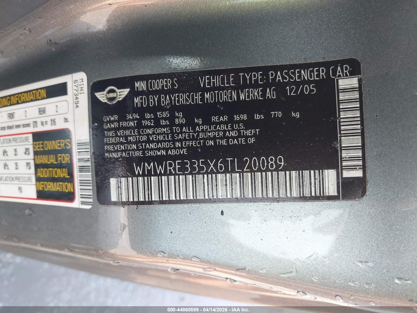 2006 Mini Cooper S VIN: WMWRE335X6TL20089 Lot: 44860599
