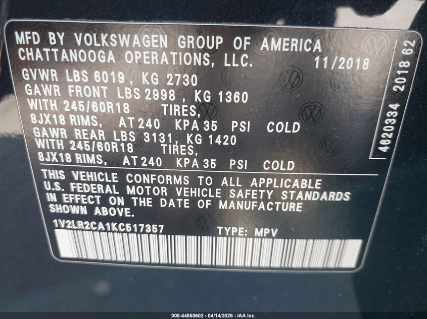 2019 Volkswagen Atlas 3.6L V6 Se VIN: 1V2LR2CA1KC517357 Lot: 44860602
