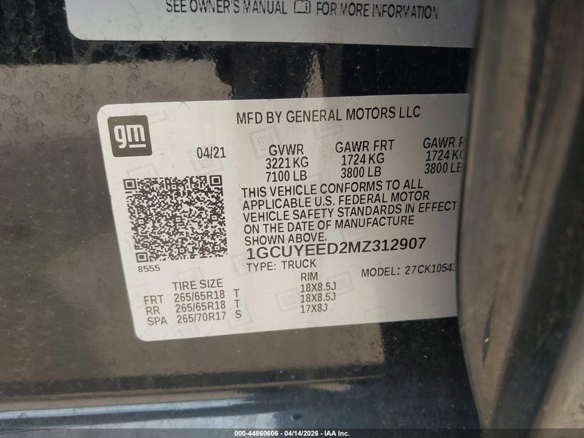 2021 Chevrolet Silverado 1500 4Wd Short Bed Rst VIN: 1GCUYEED2MZ312907 Lot: 44860606