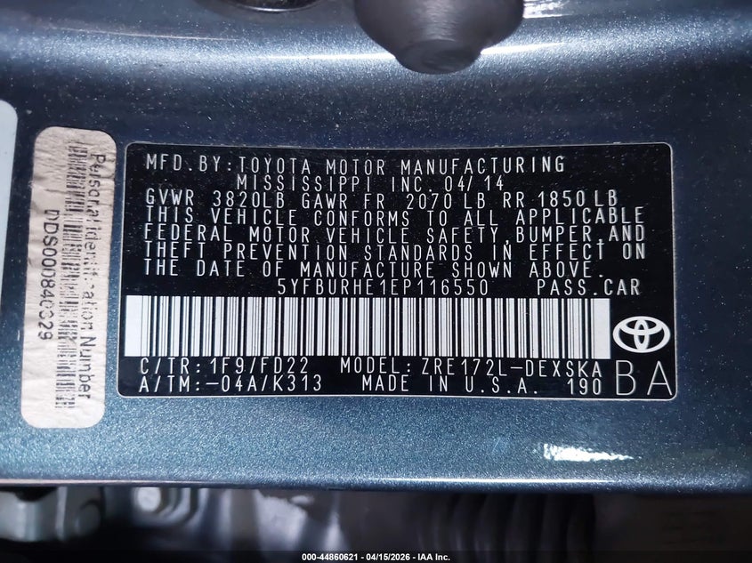 2014 Toyota Corolla S Plus VIN: 5YFBURHE1EP116550 Lot: 44860621