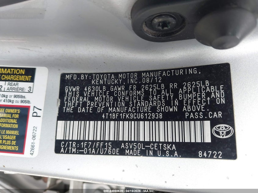 2012 Toyota Camry Se VIN: 4T1BF1FK9CU612938 Lot: 44860628
